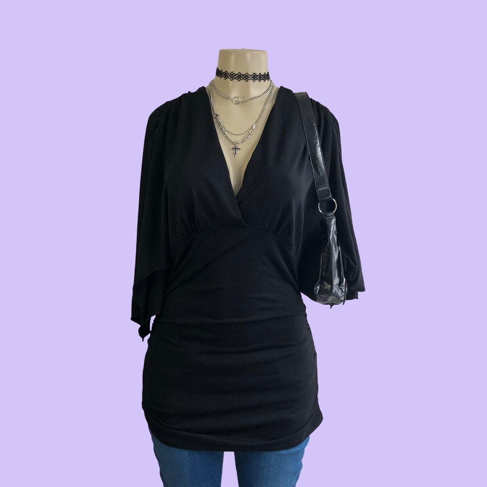 NWT Vintage Y2K Boston Proper Black Deep V Plunge Ruched Kimono Top Dress Size L